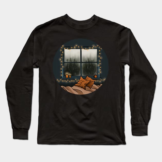 Rainy Day with Fairy Lights Cosy Autumn Scene Illustration Long Sleeve T-Shirt by AlmightyClaire